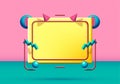 Abstract 90s styled frame with flying 3d objects and shapes. Pink and green background.