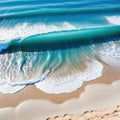 Abstract sand beach from above with light blue water wave and sun summer vacation background Royalty Free Stock Photo