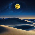 Abstract sand dunes landscape with moon at modern art mural wallpaper with matte dark blue Dark landscape with stars