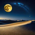 Abstract sand dunes landscape with moon at modern art mural wallpaper with matte dark blue Dark landscape with stars