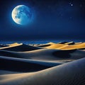 Abstract sand dunes landscape with moon at modern art mural wallpaper with matte dark blue Dark landscape with stars