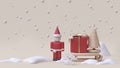 abstract santa claus and gift box sled winter snow new year concept cartoon style wood toy minimal cream background 3d render