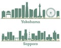 Abstract Sapporo and Yokohama Japan City Skyline set with Color Buildings. Illustration