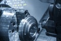 The abstract scene of CNC lathe machine and G-code data. Royalty Free Stock Photo