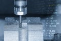 Abstract scene the CNC milling machine cutting mold part and G-code data back ground