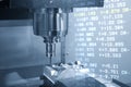 The abstract scene CNC milling machine cutting the  mold parts with G-code data background. Royalty Free Stock Photo