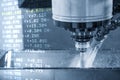 Abstract scene of CNC milling machine and G-code data background. Royalty Free Stock Photo