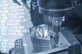 The abstract scene the finishing cut process on CNC milling machine and the G-code data background by conical type barrel tool Royalty Free Stock Photo