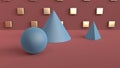 Abstract scene of geometric shapes. Ball, cone, and pyramid blue. Soft ambient light in a 3D scene with a fan of red Royalty Free Stock Photo
