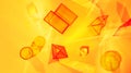 Abstract scene with geometric shapes and light rays on an orange-yellow background. Set of colored transparent geometric forms Royalty Free Stock Photo