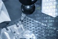 Abstract scene of multi-axis CMM machine and G-code data background