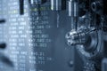 The abstract scene multi-tasking CNC lathe machine tapping the brass fitting parts and G-code data background
