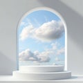 Abstract scene with round podium and blue sky with white clouds. Vector illustration. Royalty Free Stock Photo