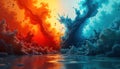 Abstract scene shows clash between fire, ice. Vivid colours contrast dynamic shapes. Abstract forms resemble clouds. Water-like