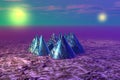 Abstract scene violet landscape with piramides and green sun 3d rendering