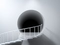 Abstract scene with white spiral staircase leading to black hole or tunnel in wall. Concept of exploration, uncertainty Royalty Free Stock Photo