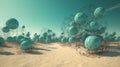 Abstract scfi-fi landscape with connected 3D balls and molecular grid structure. Futuristic surreal abstraction.