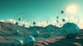 Abstract scfi-fi landscape with connected 3D balls and molecular grid structure. Futuristic surreal abstraction.