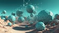Abstract scfi-fi landscape with connected 3D balls and molecular grid structure. Futuristic surreal abstraction.
