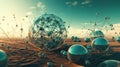 Abstract scfi-fi landscape with connected 3D balls and molecular grid structure. Futuristic surreal abstraction.