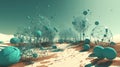 Abstract scfi-fi landscape with connected 3D balls and molecular grid structure. Futuristic surreal abstraction.