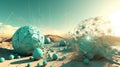 Abstract scfi-fi landscape with connected 3D balls and molecular grid structure. Futuristic surreal abstraction.