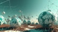 Abstract scfi-fi landscape with connected 3D balls and molecular grid structure. Futuristic surreal abstraction.