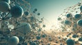 Abstract scfi-fi landscape with connected 3D balls and molecular grid structure. Futuristic surreal abstraction.