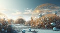 Abstract scfi-fi landscape with connected 3D balls and molecular grid structure. Futuristic surreal abstraction.