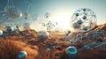 Abstract scfi-fi landscape with connected 3D balls and molecular grid structure. Futuristic surreal abstraction.