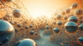 Abstract scfi-fi landscape with connected 3D balls and molecular grid structure. Futuristic surreal abstraction.