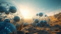 Abstract scfi-fi landscape with connected 3D balls and molecular grid structure. Futuristic surreal abstraction.