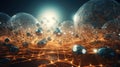 Abstract scfi-fi landscape with connected 3D balls and molecular grid structure. Futuristic surreal abstraction.