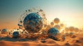 Abstract scfi-fi landscape with connected 3D balls and molecular grid structure. Futuristic surreal abstraction.