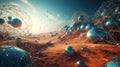 Abstract scfi-fi landscape with connected 3D balls and molecular grid structure. Futuristic surreal abstraction.