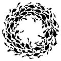 Abstract school of fish. Black silhouettes of fish swimming in a circle. Banner with fish for your design Royalty Free Stock Photo