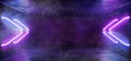 Abstract Sci Fi Modern Futuristic Smoke Fog Empty Room With Arrow Shaped Neon Glowing Vibrant Blue Purple Tube Lights On Grunge C