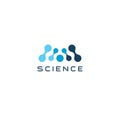 Abstract science icon, blue letter M. Dotted logo template, flat concept logotype design for innovate technology