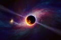 Abstract scientific image, glowing exoplanets in deep space on background of spiral galaxy Royalty Free Stock Photo