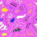 Abstract scribble pattern. Seamless texture, endless background with line, curve, dot elements. Colored repeating print