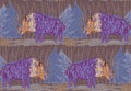 Abstract scribbled purple bulls with trees