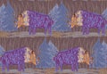 Abstract scribbled purple bulls with trees