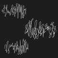 Abstract scribbled text. White handwritten shapes. Curved lettering lines. Black background design.