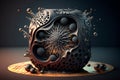 Abstract sculpture of ferrofluid splashes. Black fluid explosion. Dancing magnetic liquid in form of cube. Generative AI