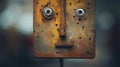 Abstract sculpture of an odd looking face made out of rusty corroded iron metal - generative AI
