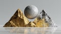 Abstract Gold and Silver Mountains with Sphere, Minimalist Balance Concept Royalty Free Stock Photo