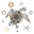 Abstract sea turtle and starfish with gear wheels, metal part, nails on a white background. Steampunk style. Metal mechanical sea Royalty Free Stock Photo