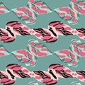 Abstract seamless bright pattern with pink and black colored monstera leaves. Light turquoise background Royalty Free Stock Photo