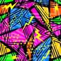 Abstract seamless chaotic pattern with urban geometric elements triangles. Grunge neon texture background.