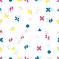 Abstract seamless colorful pattern made of different geometric shapes such as triangle, cross, circle